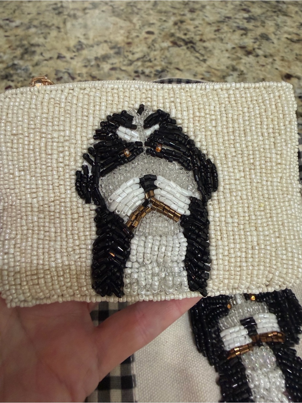 NWT Beaded Dog Canvas Tote Bag Zip Pouch Set Gingham Shih Tzu Bernedoodle - Picture 3 of 11